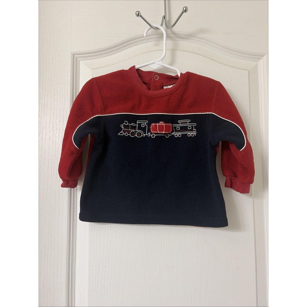Vintage Boys Healthtex Train Crewneck Fleece Sweater Red & Navy Size 12 Months